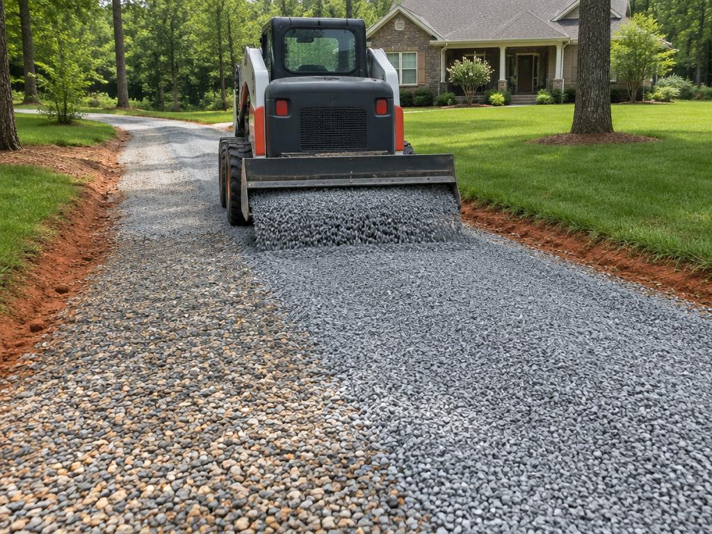 Regraveling & Resurfacing on a gravel driveway with red clay shoulders in an Upstate South Carolina setting