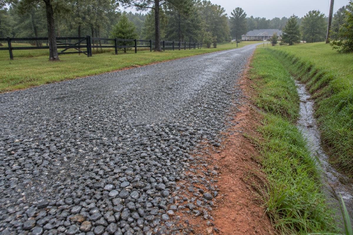 Wet gravel driveway shedding rain toward a grassy side ditch